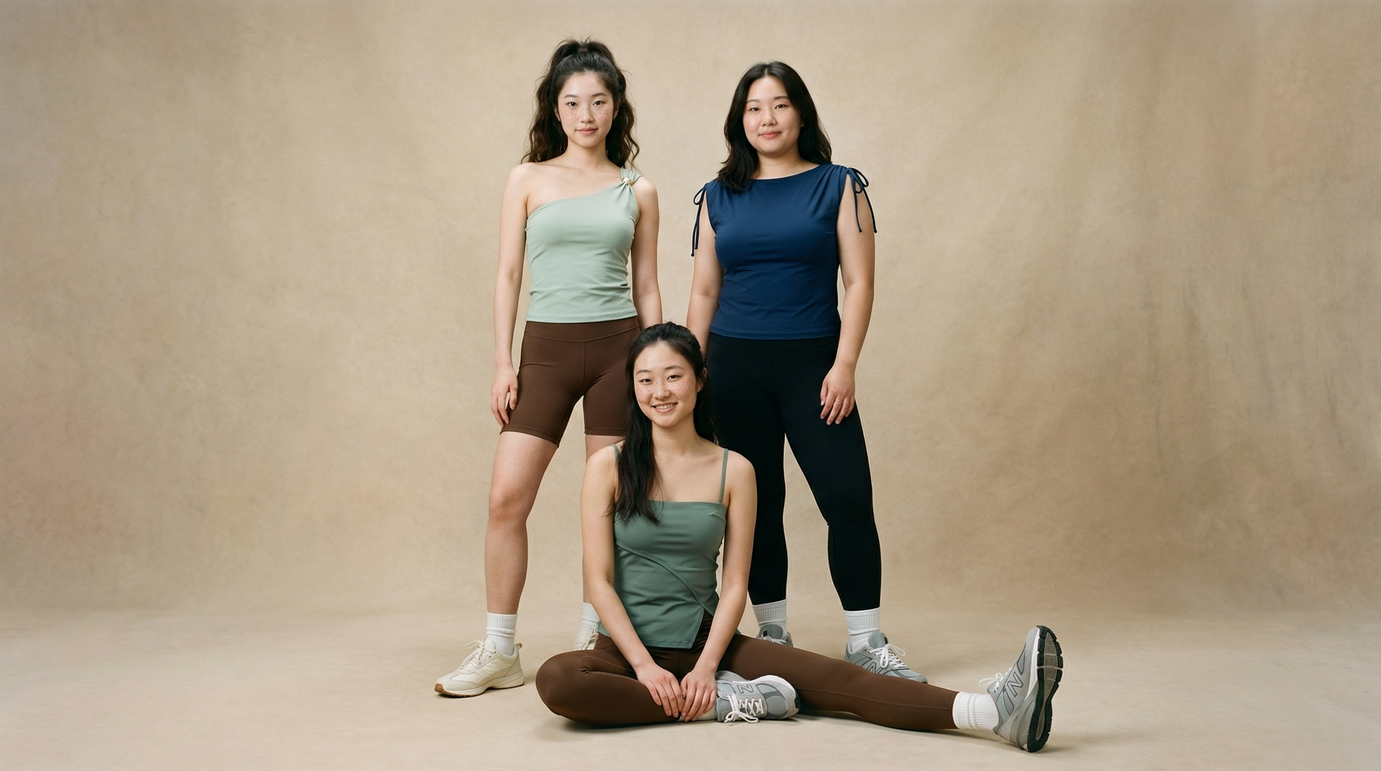 Three asian women posing together against a beige background in athleisure wear